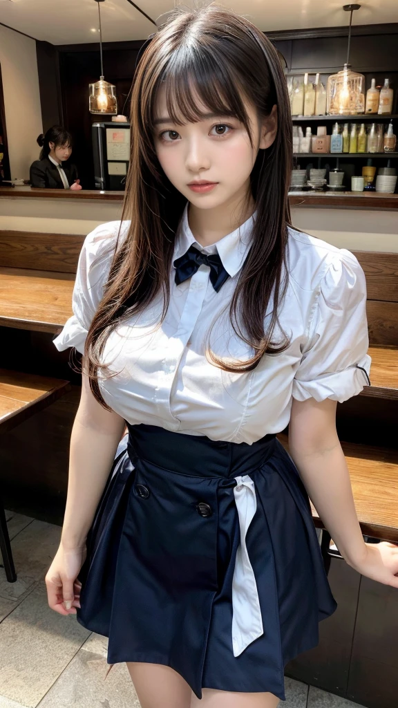 masterpiece, best quality, illustration, Super detailed, fine details, High resolution, 8K,wall paper, perfect dynamic composition,(Details High quality, realistic depiction of eyes:1.3), waitress uniform, restaurant, beautiful chest,very heavy chest, large breasts, short bob hair、black hair color, Big Natural Color Lip, perfect body shape, crying a little、cold gaze, Harajuku style、20 year old girl、cute type、lolita、beautiful legs, focus on crotch, full body photo, gravure idol