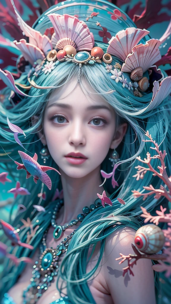 (RAW shooting, 32k:1.5, highest quality, masterpiece, Ultra-high resolution), (Deep sea at night:1.0, Dramatic moonlight:0.7, Mysterious underwater world:1.3, Expressions of sadness:1.0), Side Shot, Fractal Art:1.3, Perfect dynamic composition:1.3, Very detailedな肌と顔の質感:1.2, Dynamic flow of water waves:1.3, Beautiful shell and coral decoration, Surrounded by lots of colorful fish, Rich underwater vegetation, (The subject is being viewed from a distance:1.3, Slim mermaid figure:1.0, Shimmering Scales, Mermaid tail:0.5), elegant and sophisticated, Fair skin, Incredibly slim body:0.8, Very beautiful face, Water droplets on the skin, Very accurate, Very detailed, Gorgeous blue shiny mermaid dress portrait:0.8, Big eyes that exude beauty, Beautiful big lips,, Unreal atmosphere, necklace, Earrings, bracelet
