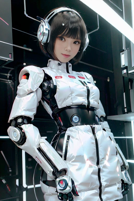 A girl in a futuristic bright white heavily armored robot suit takes a photo、perfect android girl, Female cyborg body, Perfect anime cyborg woman, Beautiful female android!, Female Robot, completely robot!! girl, Cute cyborg girl, Cyber Suit, Girl wearing mecha cybernetic armor, Cyber Suit, beutiful white girl cyborg, Beautiful female android, Beautiful girl cyborg、Cute cyborg girl with short bob hair、Beautiful android sculpture model、(Laughter)、((Rounded, white, sturdy armor))、(((Equipped with long sensor antennas on both ears)))、(((Robot Girl)))、(((Android girls)))、