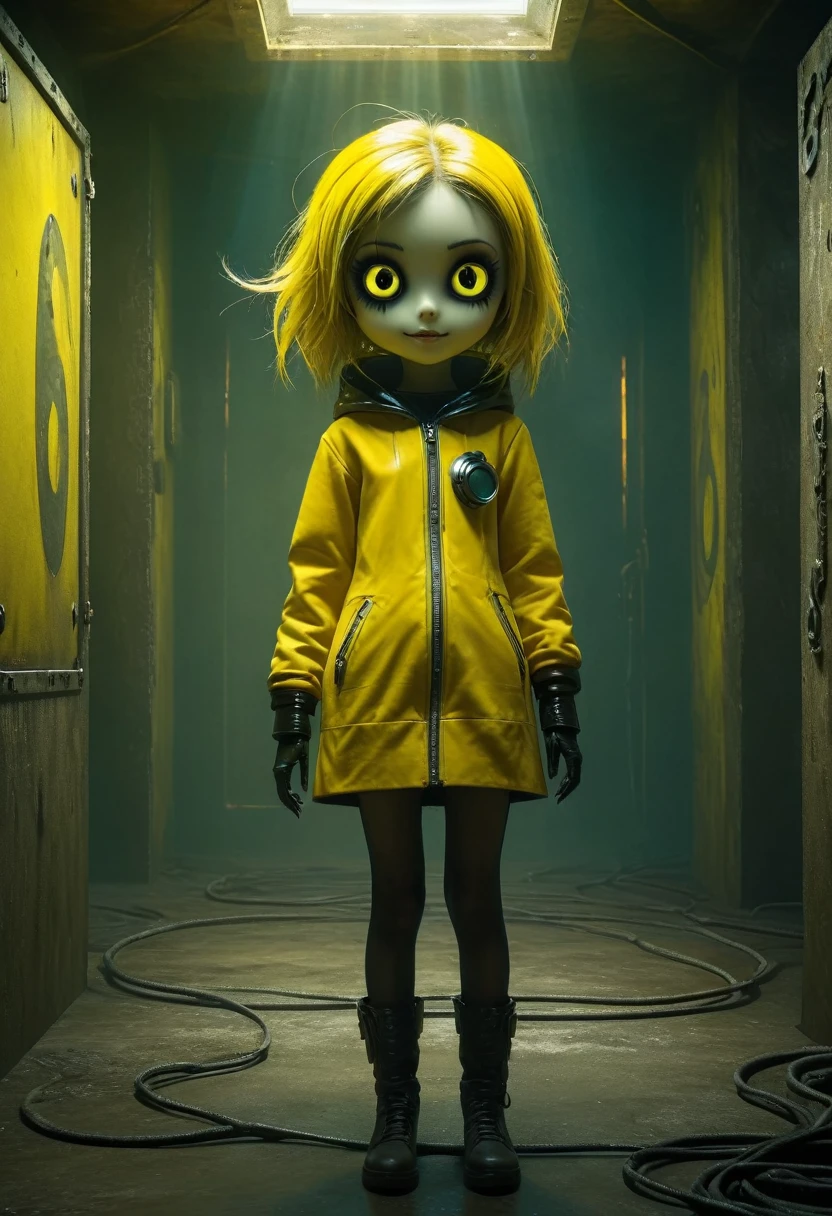 Outer space, tv on, sunshine yellow, grainy, eerie environment. creepypasta is a scary entity in the form of a girl with very big eyes and a scary smile...in the style of elson peter, diego dyer, peter mohrbacher, karol bak.focus on 1 full body frame. focus on 32k hyper hd, masterpiece, best quality, ultra detail 1.6 solo, 1 female entity imbued with the essence of cypherpunk aesthetics.
