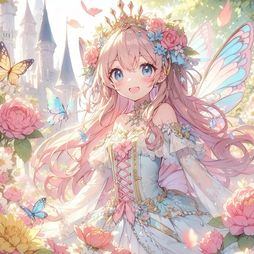 (Exquisite, beautiful, Very detailed, masterpiece, high quality,High resolution),(Well-formed face,Soft and thin lines: 1.2, A mature, beautiful and delicate illustration with a sense of transparency., Pixiv-inspired anime illustration,Cute pastel-colored girl illustrations that go viral among Japanese people on Twitter),A fairy princess with butterfly-like wings is walking with a smile in a gorgeous garden filled with flowers.,whole body,Princess's Castle,flower,flower petals,(Transparent fairy wings grow from your back), (Dazzling Smile), (tiara, Earrings, choker), Ball Gown Dress,Ribbons, lace and frills, (Pale pink blush, Plump pink lips,Large Bust,Fair skin, Good style),Bright colors,Eye-catching colors,Dynamic Angles