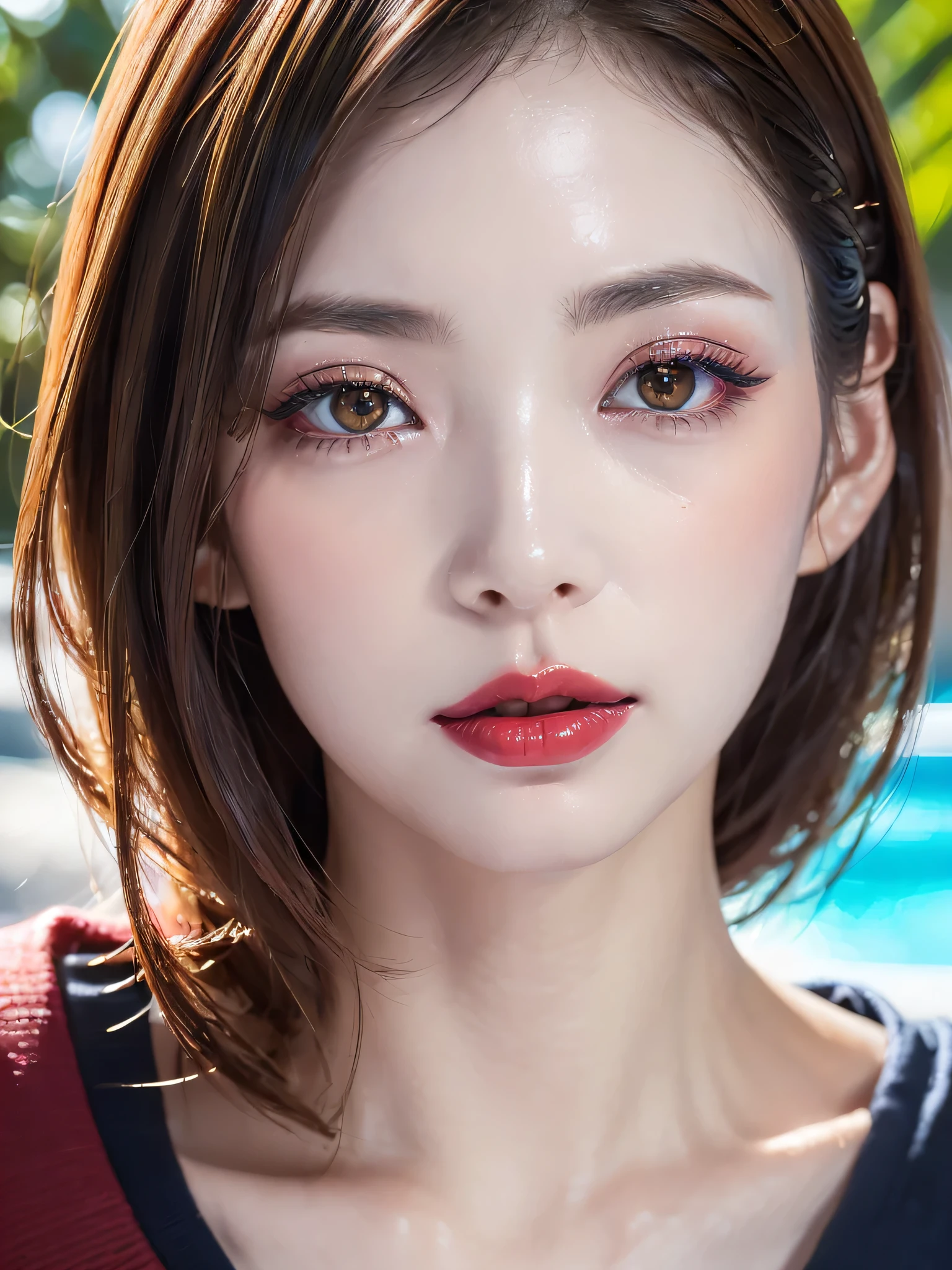 ((Near the huge summer pool)), Real、8k、 ((Anatomically correct)), ((Perfect balance)) , 28 years old、1 female、 A close-up of her face:0.8, Top quality soft lighting, ((realistic perfectly round brown_eye:1.3、Big Eyes、Dripping eye)), (Light pale complexion), ((Detailed pupils:1.4)), (Perfect Makeup:1.3), (Symmetrical lips:1.3)),(Bright shiny red_lipstick:1.35), ((Blue eyelashes: 1.17)), (Very detailed, Beautiful little nose:1.2), (Perfect composition), ((Pale skin:1.28)), ((Oily skin)), ((The blackYshirt, The blackチューブトップブラジャー) , The background is simple and blue, The gaze is directed downwards at a low angle、 (((Anatomically correct)))、(Perfect Body Proportions)、(Natural Hands、Natural Fingers、Natural Legs)