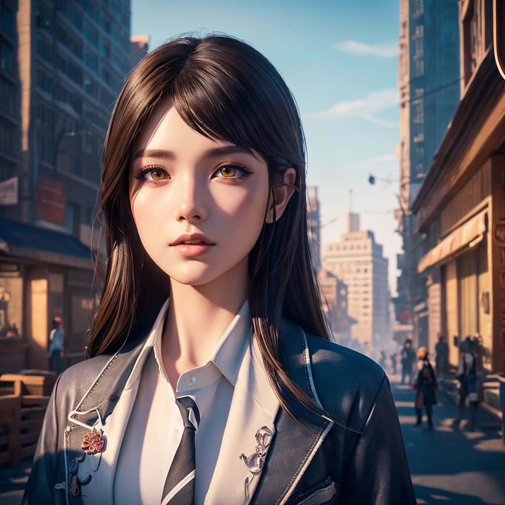 (วอลล์เปเปอร์ CG unity 8k ที่very detailed),(Masterpiece), (best quality), (very detailed), (best illustrations),(best shadow), cowboy shoot, (sharp eyeliner, eyelid, Detailed eyes:1.1), (city background:1.2), ,Take a break , Version 3 (Girls' frontline), , 3D,8k,