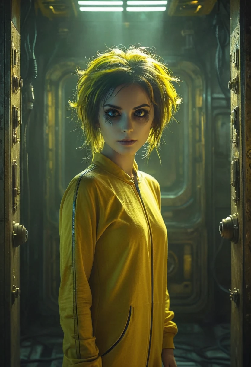 Outer space, tv on, sunshine yellow, grainy, eerie environment. creepypasta is a scary entity in the form of a girl with very big eyes and a scary smile...in the style of elson peter, diego dyer, peter mohrbacher, karol bak.focus on 1 full body frame. focus on 32k hyper hd, masterpiece, best quality, ultra detail 1.6 solo, 1 female entity imbued with the essence of cypherpunk aesthetics.
