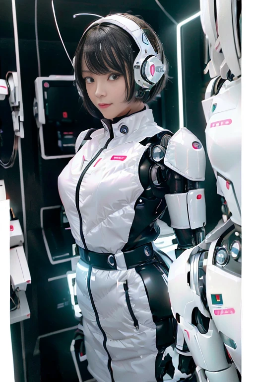 A girl in a futuristic bright white heavily armored robot suit takes a photo、perfect android girl, Female cyborg body, Perfect anime cyborg woman, Beautiful female android!, Female Robot, completely robot!! girl, Cute cyborg girl, Cyber Suit, Girl wearing mecha cybernetic armor, Cyber Suit, beutiful white girl cyborg, Beautiful female android, Beautiful girl cyborg、Cute cyborg girl with short bob hair、Beautiful android sculpture model、(Laughter)、((Rounded, white, sturdy armor))、(((Equipped with long sensor antennas on both ears)))、(((Robot Girl)))、(((Android girls)))、