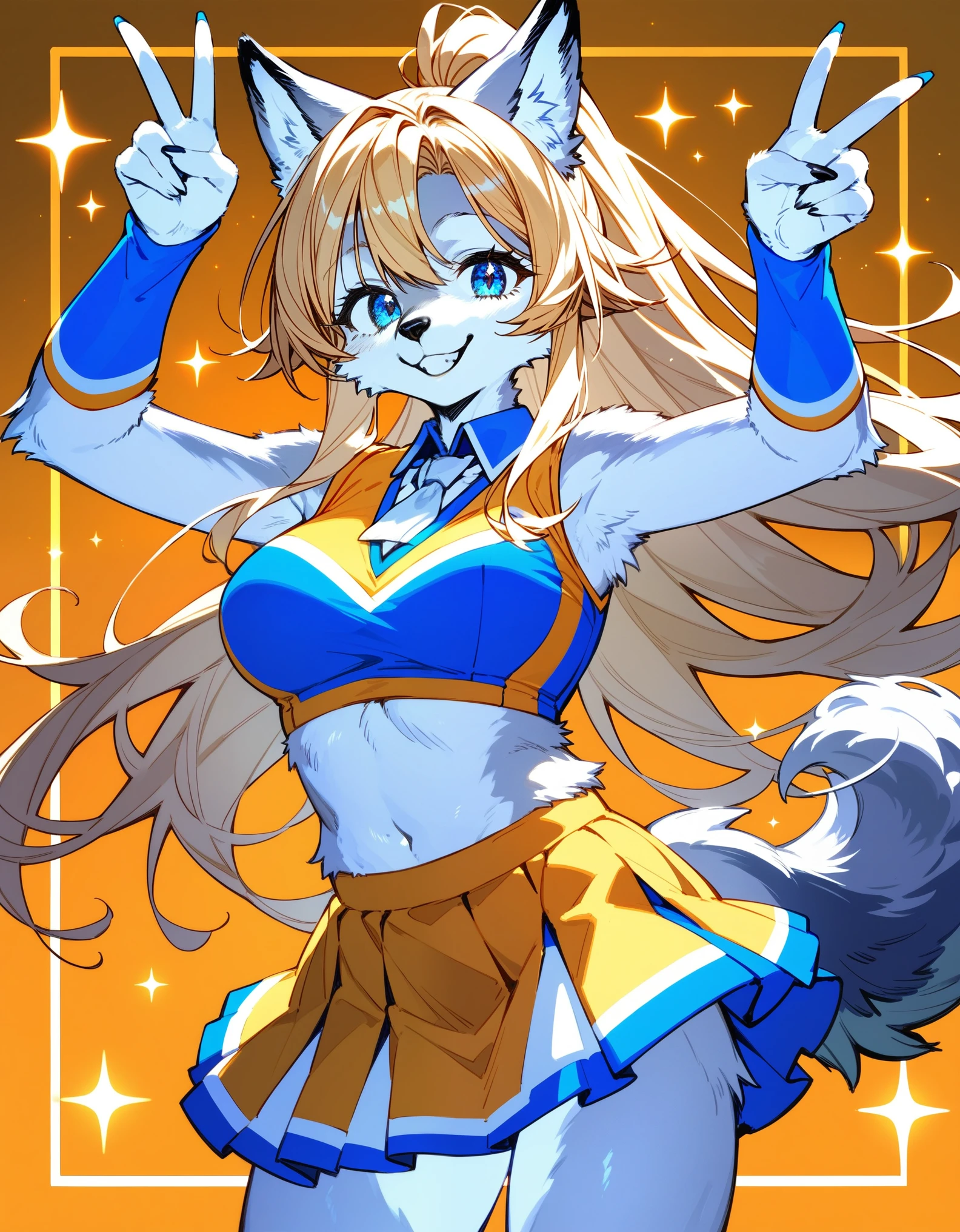 Solo, score_9,score_8_up, score_7_up, an Anthro furry wolf girl, kemono style, silver furry body, golden blonde hair, hair in a ponytail, beautiful opalescent blue eyes, black nose, wearing blue and white cheerleaders uniform, holding up two peace signs with her hands, standing, big smile, sparkling blue eyes, mystical magical abstract background