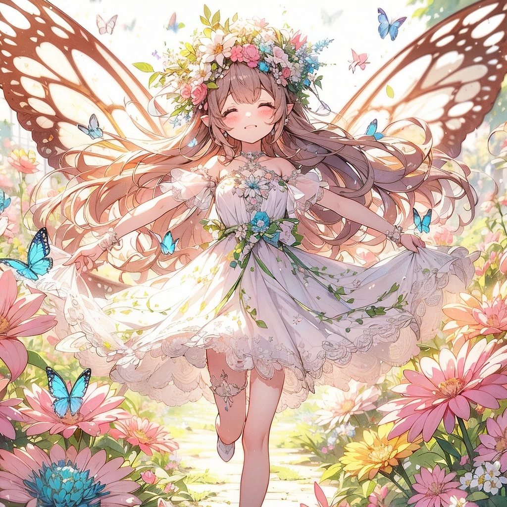 (Exquisite, beautiful, Very detailed, masterpiece, high quality,High resolution),(Well-formed face,Soft and thin lines: 1.2, A mature, beautiful and delicate illustration with a sense of transparency., Pixiv-inspired anime illustration,Cute pastel-colored girl illustrations that go viral among Japanese people on Twitter),A fairy princess with butterfly-like wings is walking with a smile in a gorgeous garden filled with flowers.,whole body,Princess's Castle,flower,flower petals,(Transparent fairy wings grow from your back), (Dazzling Smile), (tiara, Earrings, choker), Ball Gown Dress,Ribbons, lace and frills, (Pale pink blush, Plump pink lips,Large Bust,Fair skin, Good style),Bright colors,Eye-catching colors,Dynamic Angles