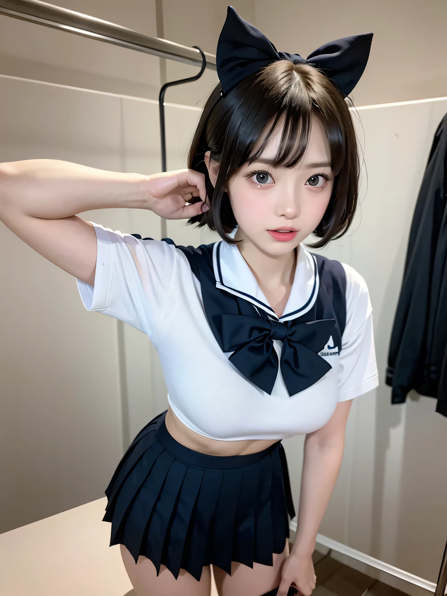 (((locker room))),(((Change clothes in the changing room:1.3))),(((clothes on hangers:1.3))),(((Sailor suit))),(((Pleated skirt that exposes skin))),(Dark red bow tie:1.3),Cute Face,Extreme close up of face,Silver short hair,Cute angry face,Perfect round face,iris,Floating Hair,Big Breasts.Professional Lighting,Cinematic Light,(Tabletop,highest quality,Ultra-high resolution output images,) ,(8K quality,),(Picture Mode Ultra HD,)
