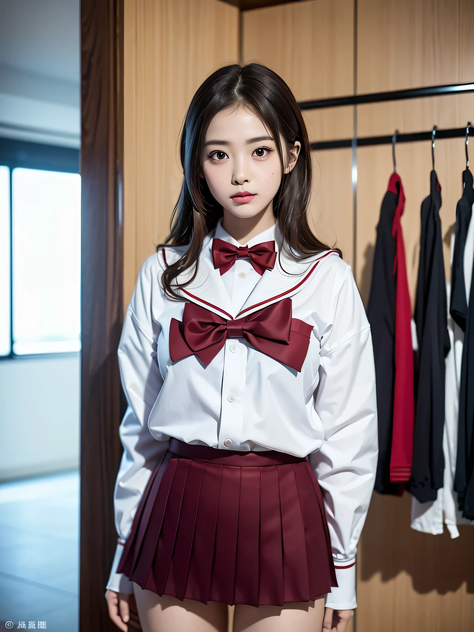 (((locker room))),(((Change clothes in the changing room:1.3))),(((clothes on hangers:1.3))),(((Sailor suit))),(((Pleated skirt that exposes skin))),(Dark red bow tie:1.3),Cute Face,Extreme close up of face,Silver short hair,Cute angry face,Perfect round face,iris,Floating Hair,Big Breasts.Professional Lighting,Cinematic Light,(Tabletop,highest quality,Ultra-high resolution output images,) ,(8K quality,),(Picture Mode Ultra HD,)
