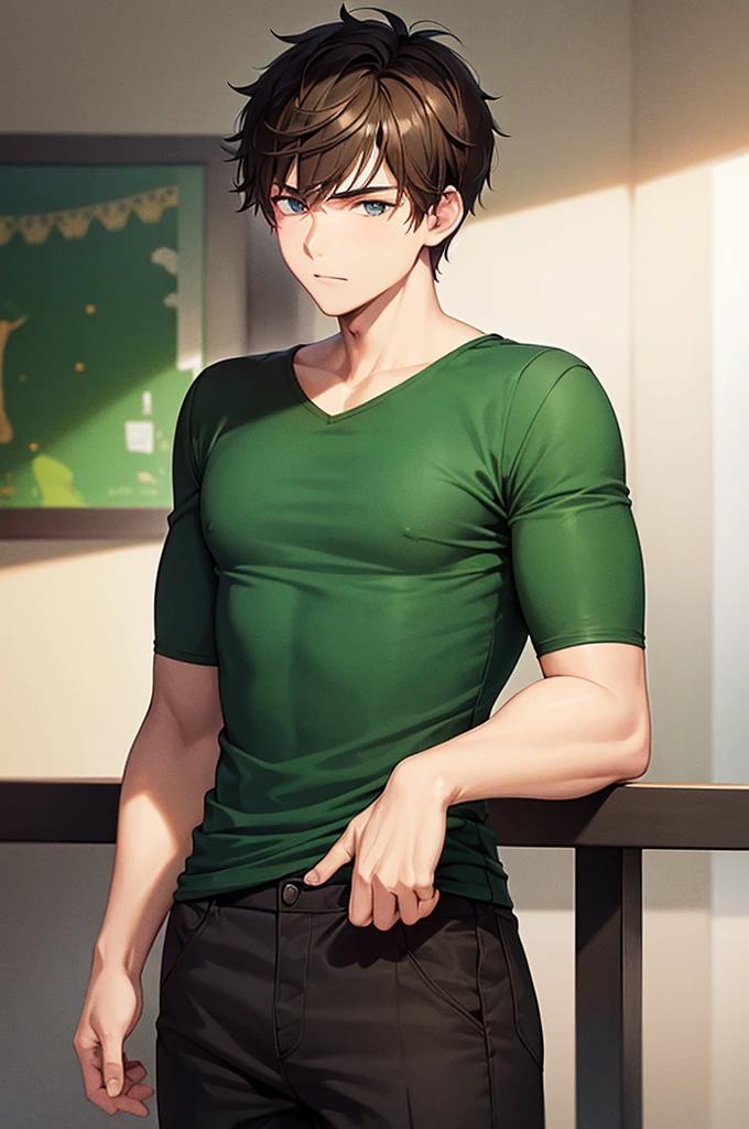 a 20 year old boy wearing an green top and black trousers and has short brown hair