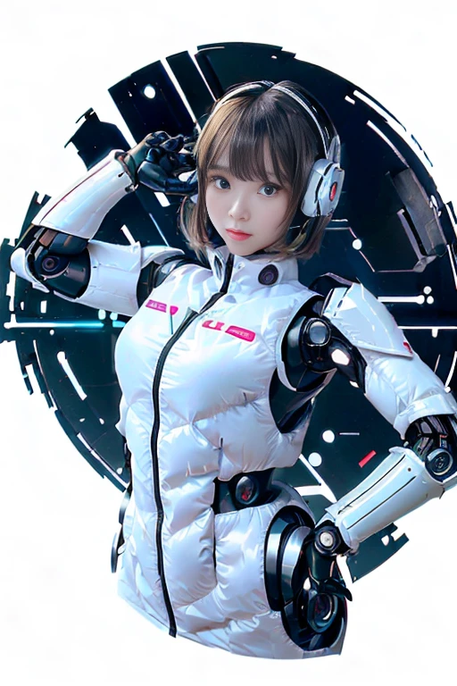 A girl in a futuristic bright white heavily armored robot suit takes a photo、perfect android girl, Female cyborg body, Perfect anime cyborg woman, Beautiful female android!, Female Robot, completely robot!! girl, Cute cyborg girl, Cyber Suit, Girl wearing mecha cybernetic armor, Cyber Suit, beutiful white girl cyborg, Beautiful female android, Beautiful girl cyborg、Cute cyborg girl with short bob hair、Beautiful android sculpture model、(Laughter)、((Rounded, white, sturdy armor))、(((Equipped with long sensor antennas on both ears)))、(((Robot Girl)))、(((Android girls)))、