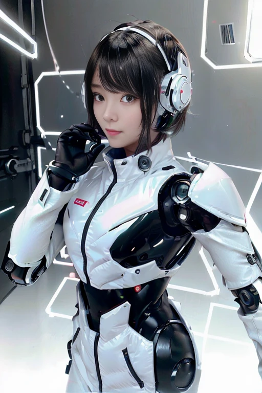 A girl in a futuristic bright white heavily armored robot suit takes a photo、perfect android girl, Female cyborg body, Perfect anime cyborg woman, Beautiful female android!, Female Robot, completely robot!! girl, Cute cyborg girl, Cyber Suit, Girl wearing mecha cybernetic armor, Cyber Suit, beutiful white girl cyborg, Beautiful female android, Beautiful girl cyborg、Cute cyborg girl with short bob hair、Beautiful android sculpture model、(Laughter)、((Rounded, white, sturdy armor))、(((Equipped with long sensor antennas on both ears)))、(((Robot Girl)))、(((Android girls)))、