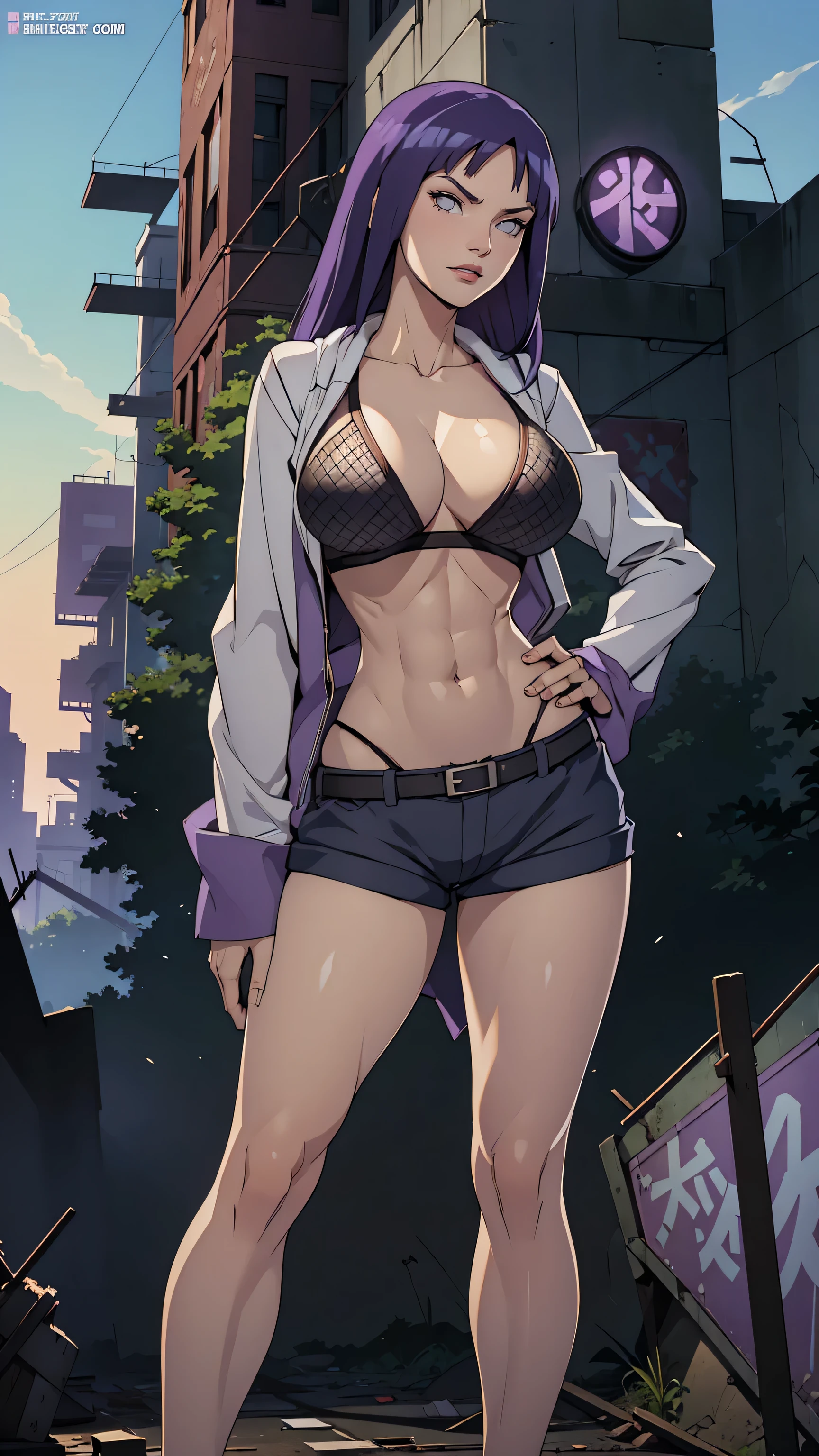 Masterpiece, best quality, Masterpiece, best quality, 1 woman, Hinata Hyuuga , purple hair , sly face , black lace bikini , abdomen, big breasts , Long legs , Stand on your hips. , abandoned factory , tall building