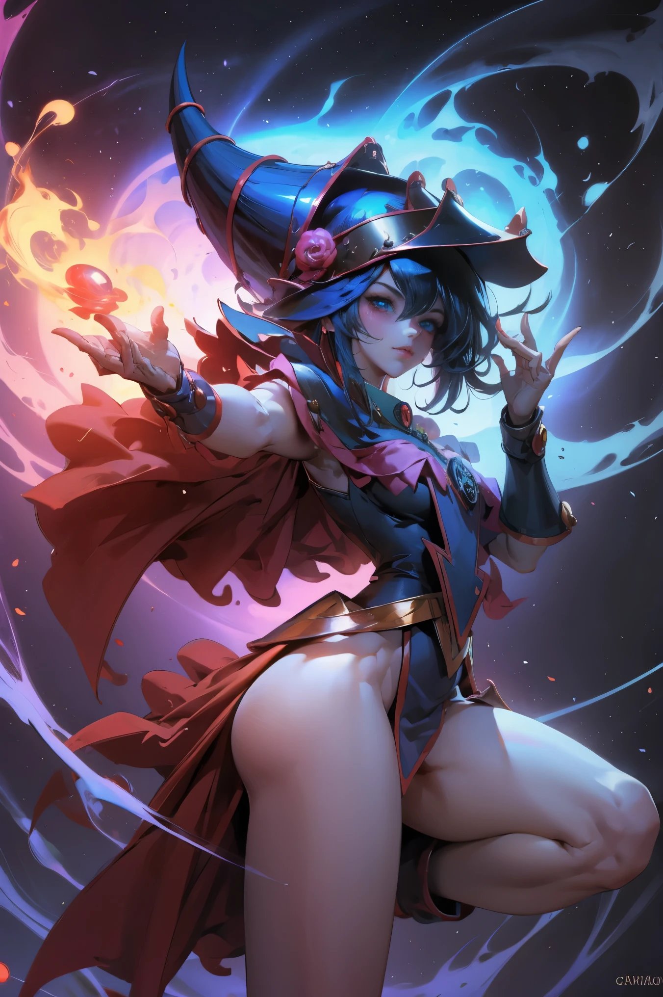 Dark magician gils levitando sobre un aro magico. Fantasy and magic background.. Pose sensual y sexy. Cabello rubio y largo. Ojos azules. Labios rojos. 