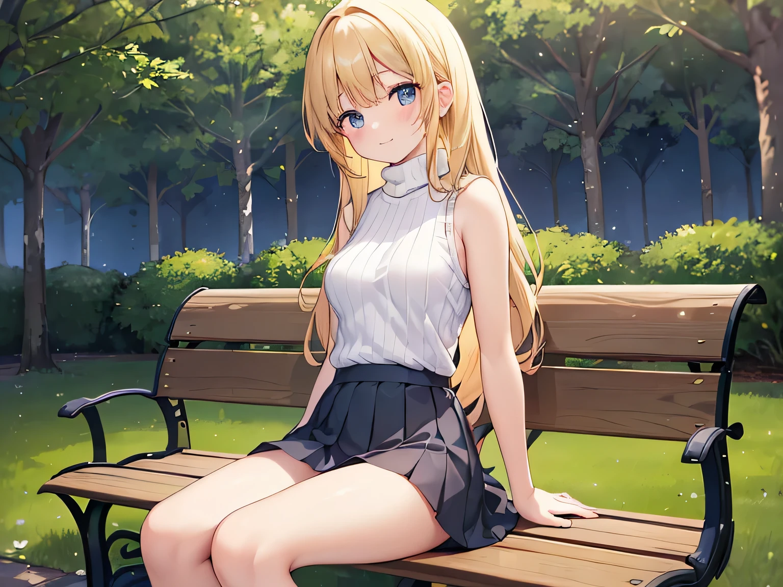 (Masterpiece, highest quality, high resolution, realistic photo, realistic looking skin:1.1),
(Woman is sitting on a park bench surrounded by trees late at night:1.8),
(short skirt revealing panties: 1.8), 
(She is looking at the viewer from a slightly higher vantage point in front of her, so her panties are visible: 1.8),
(She has a happy expression on her face, :1.5),
(She is wearing a pink sleeveless turtleneck knit: 1.5),
(She is wearing a denim pleated mini-skirt,:1.5), (She is wearing white socks,:1.5), 
(She is wearing brown middle boots: 1.5),
(Panties are white with a pattern: 1.5),
(She has long blond hair: 1.8),
(Location: park bench surrounded by trees late at night:1.8),
1 Japanese girl, solo, full bodied esbian, beautiful eyes, shining eyes, shining thighs, NSFW