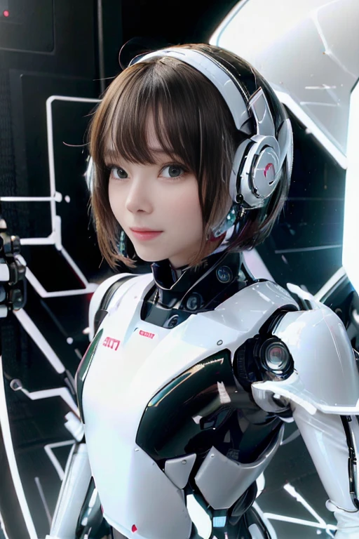 A girl in a futuristic bright white heavily armored robot suit takes a photo、perfect android girl, Female cyborg body, Perfect anime cyborg woman, Beautiful female android!, Female Robot, completely robot!! girl, Cute cyborg girl, Cyber Suit, Girl wearing mecha cybernetic armor, Cyber Suit, beutiful white girl cyborg, Beautiful female android, Beautiful girl cyborg、Cute cyborg girl with short bob hair、Beautiful android sculpture model、(Laughter)、((Rounded, white, sturdy armor))、(((Equipped with long sensor antennas on both ears)))、(((Robot Girl)))、(((Android girls)))、