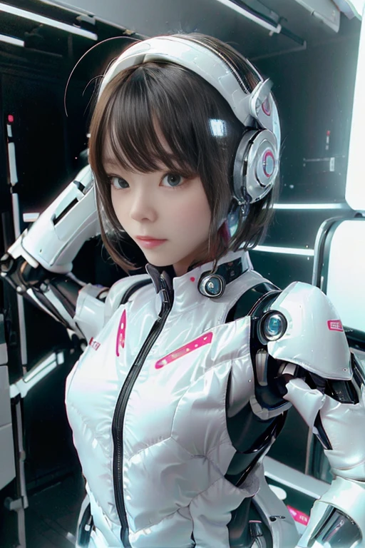 A girl in a futuristic bright white heavily armored robot suit takes a photo、perfect android girl, Female cyborg body, Perfect anime cyborg woman, Beautiful female android!, Female Robot, completely robot!! girl, Cute cyborg girl, Cyber Suit, Girl wearing mecha cybernetic armor, Cyber Suit, beutiful white girl cyborg, Beautiful female android, Beautiful girl cyborg、Cute cyborg girl with short bob hair、Beautiful android sculpture model、(Laughter)、((Rounded, white, sturdy armor))、(((Equipped with long sensor antennas on both ears)))、(((Robot Girl)))、(((Android girls)))、