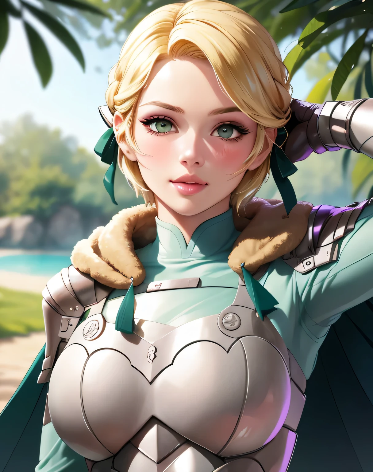 warIngrid, short hair, hair ribbons, hair accessories, shoulder armor, armor, breastplate, underbust, green coat, fur trim, vambraces, blue gloves, green cape, (masterpiece, best quality, ultra-detailed), realistic style, very close up shot 2.0, garden 2.0, looking at viewer 2.0, blushing, face shot 2.0, perfect eyes, cute nose, very sexy smile 2.0, very luscious lips 2.0, face shot 2.0, very heavy eyeshadow 2.0, very heavy makeup 2.0, round face, very thick lips 2.0, very glossy lips 2.0, very pouty lips 2.0, shiny skin, lustrous skin 2.0, incredibly pretty 2.0, incredibly beautiful 2.0, very athletic 2.0, fitness model 2.0, very sexy 2.0, perfect eyes, very sexy smile 2.0, very luscious lips 2.0, face shot 2.0, very heavy eyeshadow 2.0, very heavy makeup 2.0, round face, very thick lips 2.0, very glossy lips 2.0, very pouty lips 2.0, shiny skin, lustrous skin 2.0, very sexy 2.0, mature woman, very sexy 2.0, perfect eyes, very sexy smile 2.0, very luscious lips 2.0, face shot 2.0, very heavy eyeshadow 2.0, very heavy makeup 2.0, round face, very thick lips 2.0, very glossy lips 2.0, very pouty lips 2.0, shiny skin, lustrous skin 2.0, very sexy 2.0, face shot 2.0