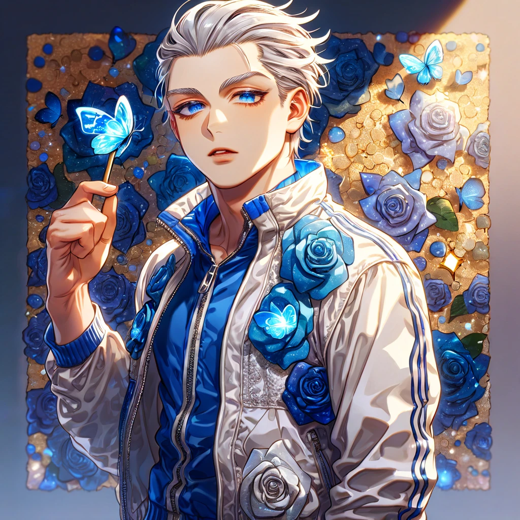absurdres, highres, ultra detailed, HDR) master piece, best quality, Umemiya Hajime, white hair, slicked back, expressive blue eyes, windbreaker, solo, sexy man, handsome, blue roses, blue butterflies, sparkling background