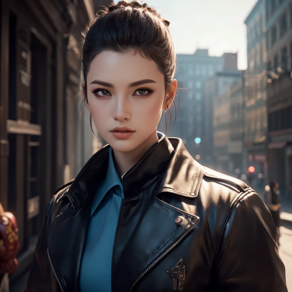 (วอลล์เปเปอร์ CG unity 8k ที่very detailed),(Masterpiece), (best quality), (very detailed), (best illustrations),(best shadow), cowboy shoot, (sharp eyeliner, eyelid, Detailed eyes:1.1), (city background:1.2), ,Take a break , Version 3 (Girls' frontline), , 3D,8k,