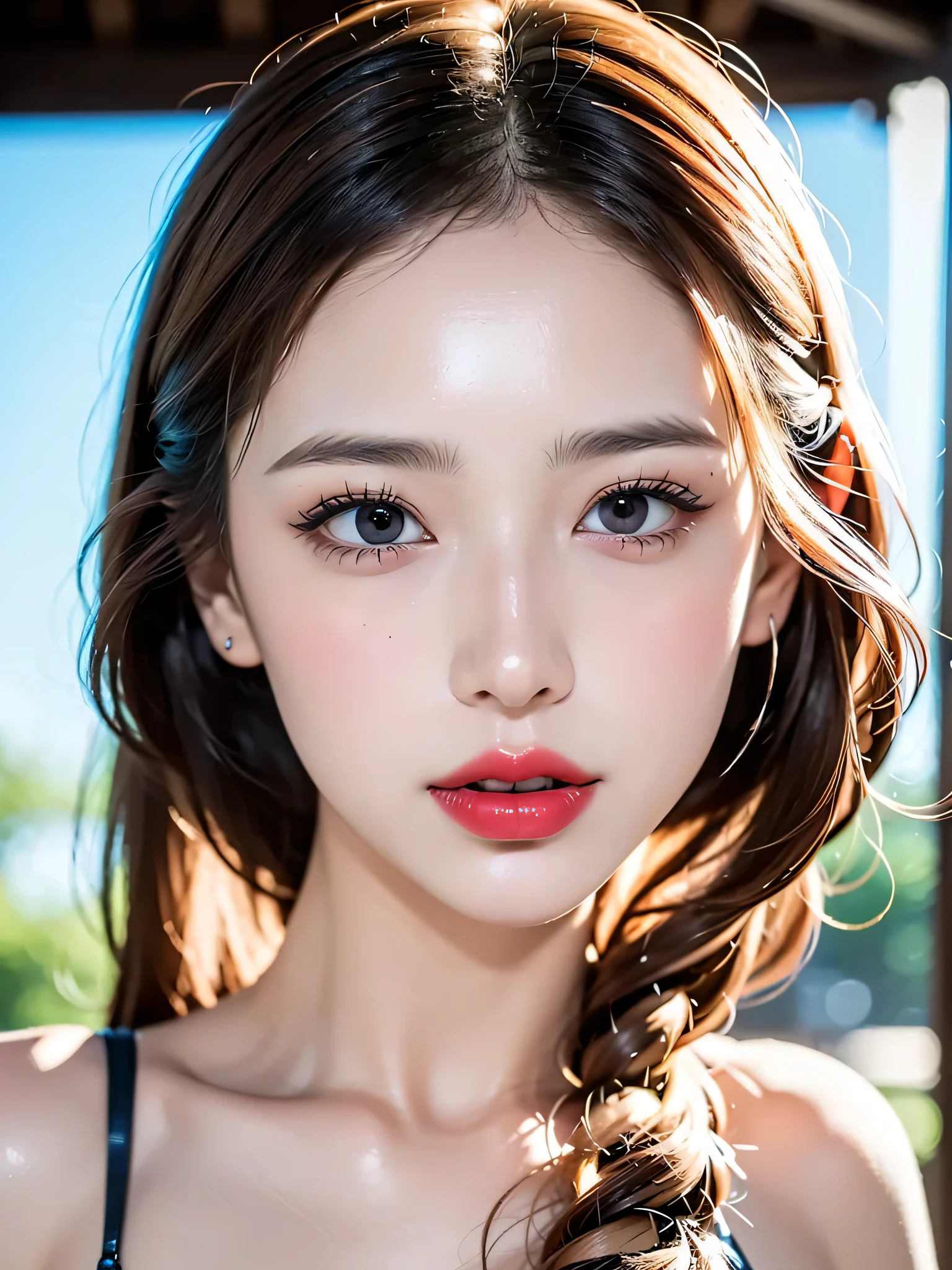 ((Near the huge summer pool)), Real、8k、 ((Anatomically correct)), ((Perfect balance)) , 28 years old、1 female、 A close-up of her face:0.6, Top quality soft lighting, ((realistic perfectly round brown_eye:1.3、Big Eyes、Dripping eye)), (Light pale complexion), ((Detailed pupils:1.4)), (Perfect Makeup:1.3), (Symmetrical lips:1.3)),(Bright shiny red_lipstick:1.35), ((Blue eyelashes: 1.17)), (Very detailed, Beautiful little nose:1.2), (Perfect composition), ((Sunburned skin:1.28)), ((Oily skin)), ((The blackＹshirt, The blackチューブトップブラジャー) , The background is simple and blue, The gaze is directed downwards at a low angle、 (((Anatomically correct)))、（Perfect Body Proportions)、(Natural Hands、Natural Fingers、Natural Legs)