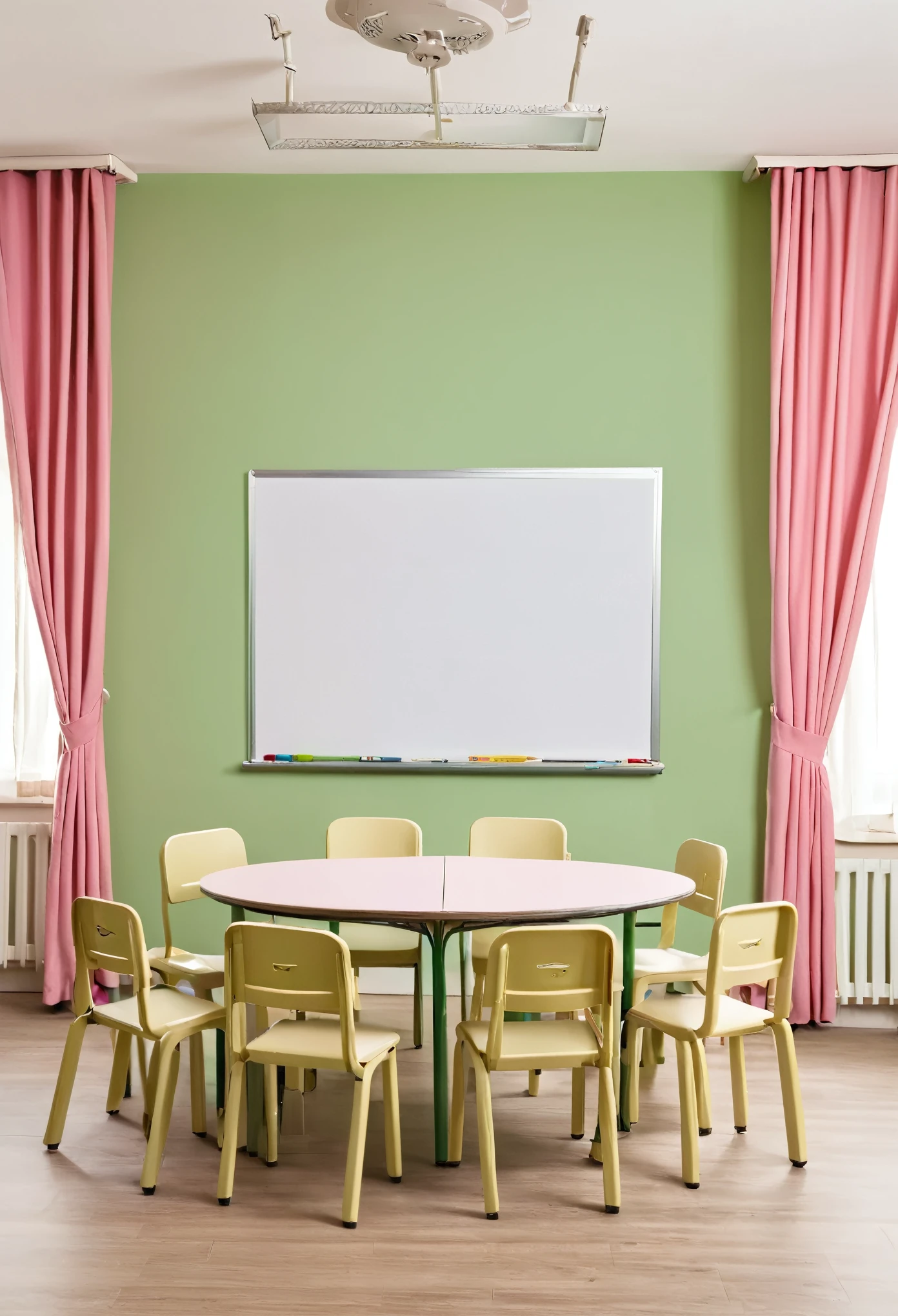Please me a realistic picture of a classroom with bbeige color table and chairs, with beige wallpaint, with green and white board, with pink curtains, woth pink furnitures