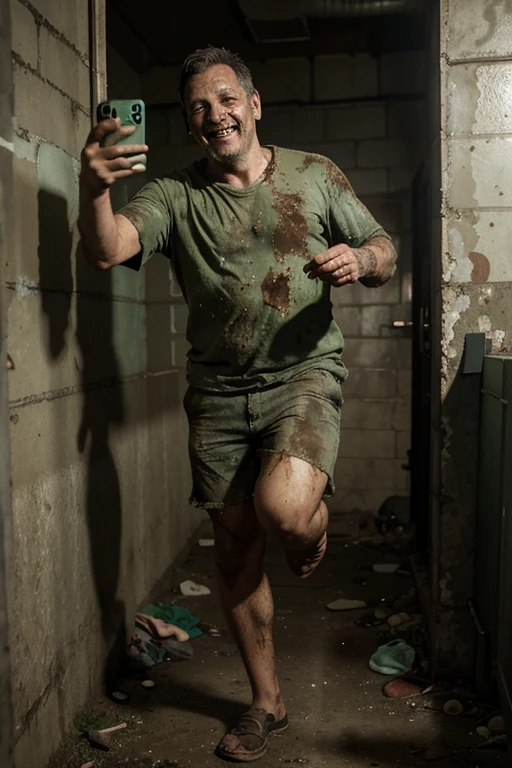Zombie, male, middle-aged, decay, green skin tone, dirty full-body photo, very worn clothes, looking at smartphone screen, touching smartphone, dirty skin, dirty hands, selfie, full body visible, smiling, jumping for joy, in prison, chubby