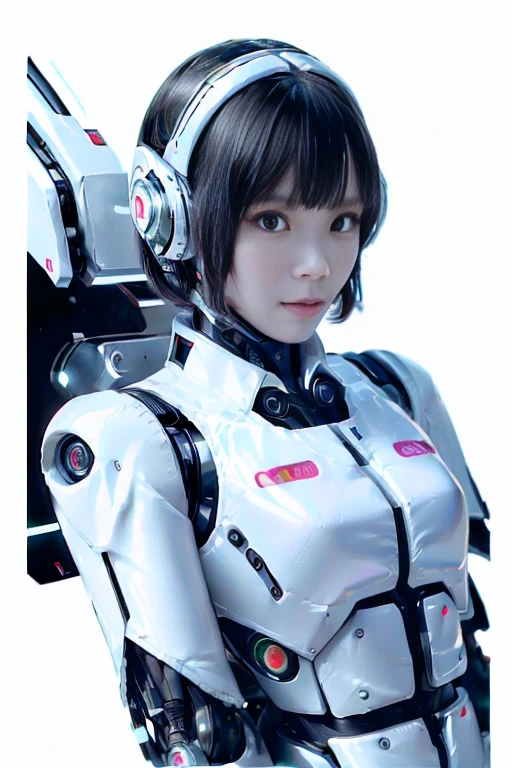 A girl in a futuristic bright white heavily armored robot suit takes a photo、perfect android girl, Female cyborg body, Perfect anime cyborg woman, Beautiful female android!, Female Robot, completely robot!! girl, Cute cyborg girl, Cyber Suit, Girl wearing mecha cybernetic armor, Cyber Suit, beutiful white girl cyborg, Beautiful female android, Beautiful girl cyborg、Cute cyborg girl with short bob hair、Beautiful android sculpture model、(Laughter)、((Rounded, white, sturdy armor))、(((Equipped with long sensor antennas on both ears)))、(((Robot Girl)))、(((Android girls)))、