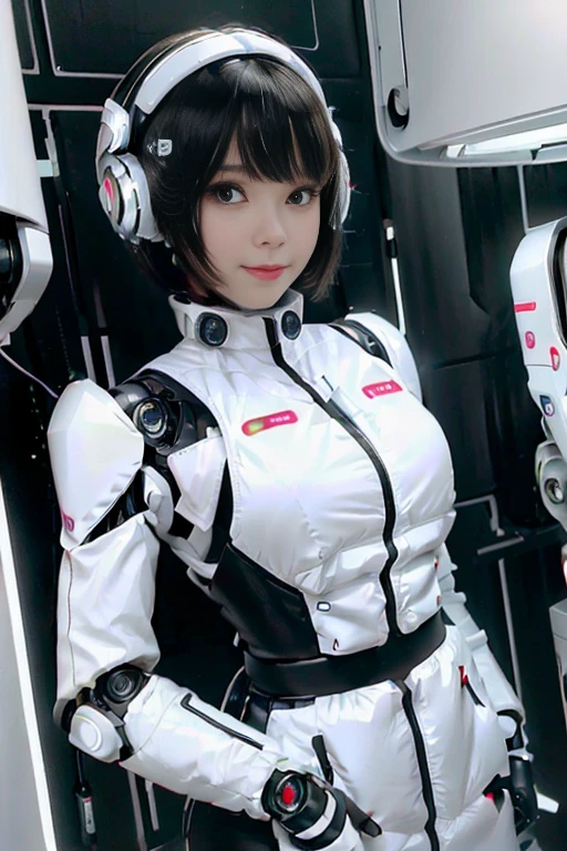 A girl in a futuristic bright white heavily armored robot suit takes a photo、perfect android girl, Female cyborg body, Perfect anime cyborg woman, Beautiful female android!, Female Robot, completely robot!! girl, Cute cyborg girl, Cyber Suit, Girl wearing mecha cybernetic armor, Cyber Suit, beutiful white girl cyborg, Beautiful female android, Beautiful girl cyborg、Cute cyborg girl with short bob hair、Beautiful android sculpture model、(Laughter)、((Rounded, white, sturdy armor))、(((Equipped with long sensor antennas on both ears)))、(((Robot Girl)))、(((Android girls)))、
