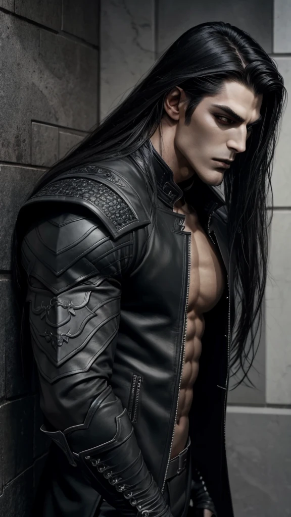 dark muscular male evil lord with long black hair, black leather gothic suit, handsome face, athletic body, pretty eyes, long lashes, sexy young man vampire