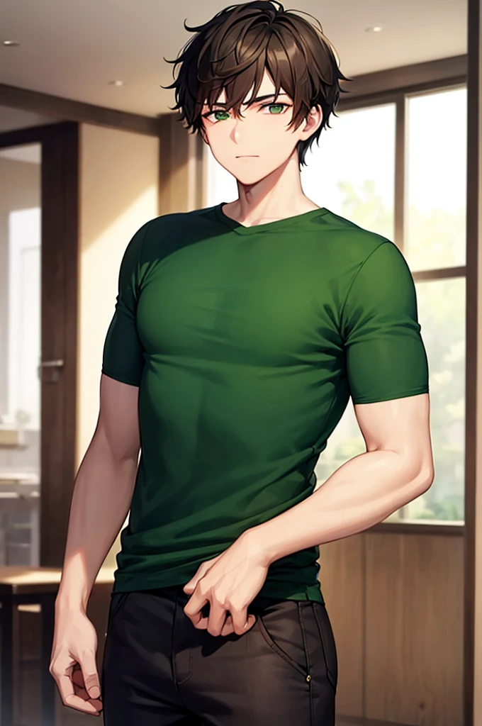 a 20 year old boy wearing an green top and black trousers and has short brown hair he is in an ancient place