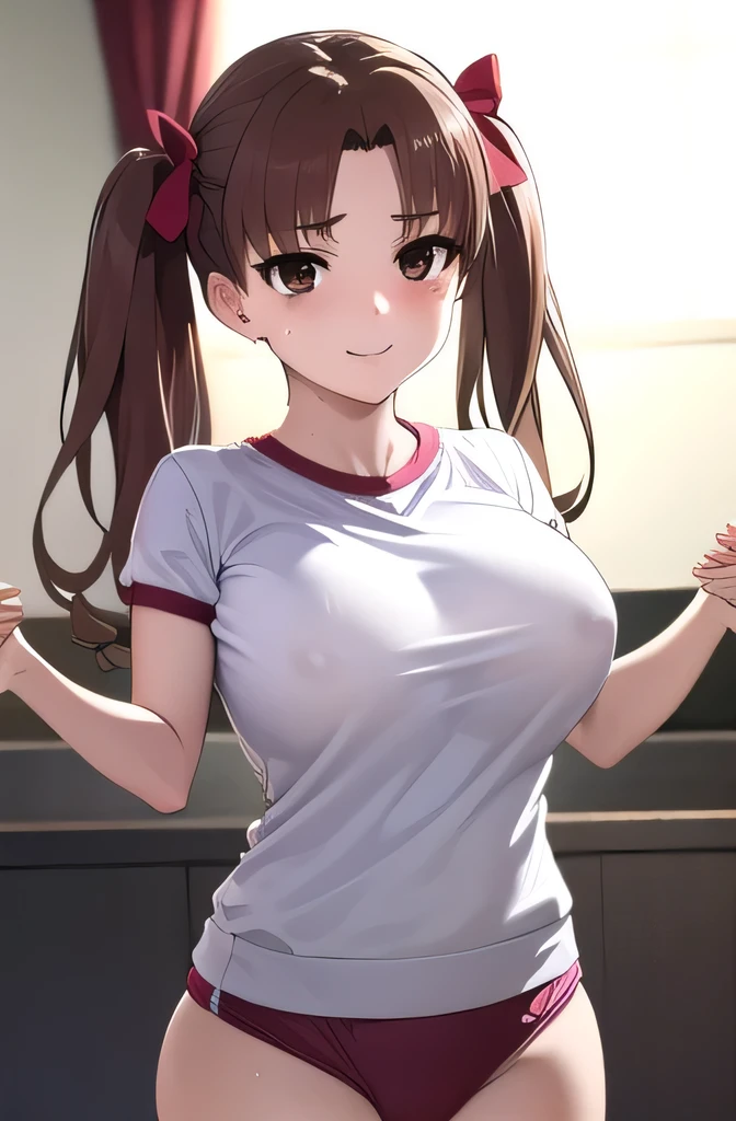kurokoshirai, kuroko shirai, Brown Hair, Long Hair, (Parted bangs:1.5), (Brown eyes:1.7), Ringlet, Twin tails, hair bow, bow, red bow, (Big Breasts:1.5),
break,Gym clothes and bloomer-style leotards, Twin tails、
break looking at viewer, , whole body,
break indoors, School、
break (masterpiece:1.2), highest quality, High resolution, unity 8k wallpaper, (shape:0.8), (Beautiful and beautiful eyes:1.6), Highly detailed face, Perfect lighting, Highly detailed CG, (Perfect hands, Perfect Anatomy),Big smile:1.3、blush:1.3、Sweat on the face:1.5、Sexy pose、(Touching the breasts with hands through the clothes:1.5)、Kuroko Shirai is brainwashed and forced to masturbate、Grinning mouth、Sweaty、The women are having a pleasant conversation.
