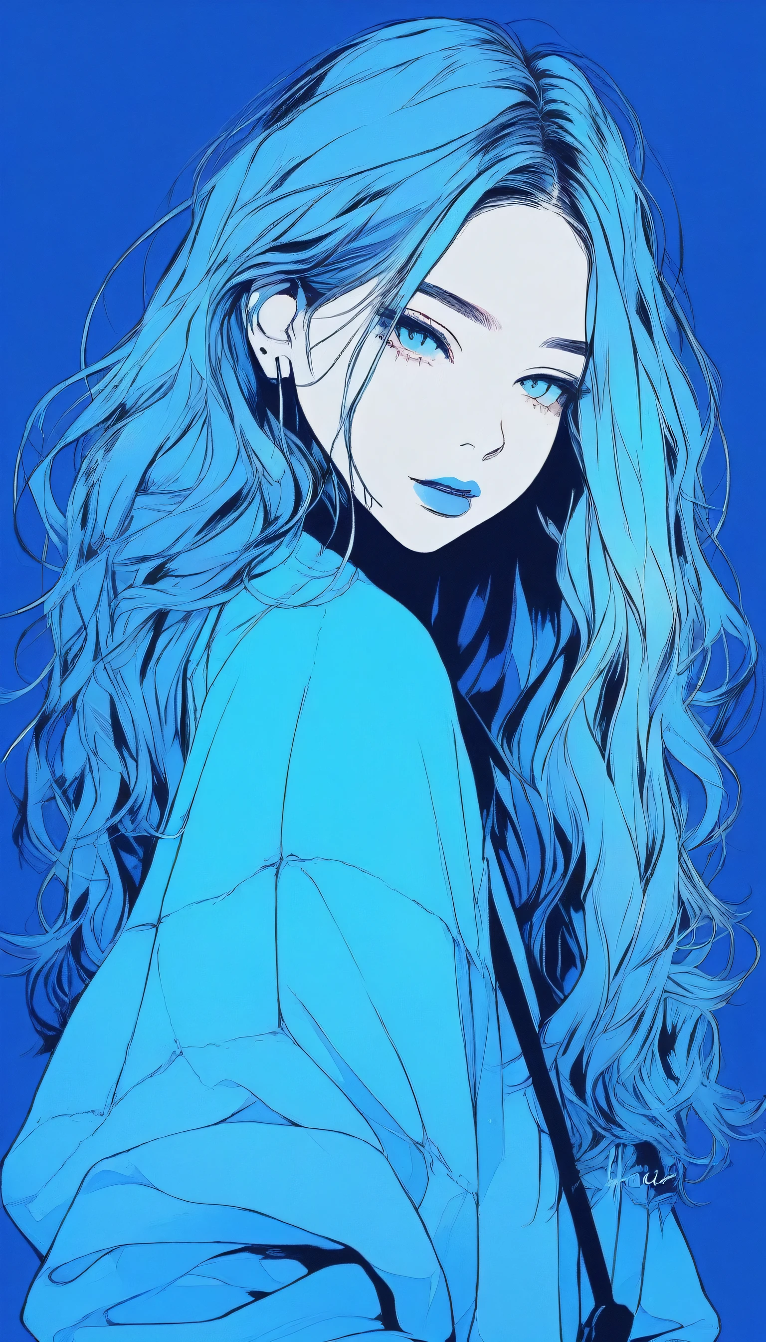 ilustrador, anime , realista ,Outline , 1 garota, ,lip, Sweater,ordem, Fundo gradiente azul, cabelo neon,Acabamento texturizado, canadense, (Obra de arte,melhor qualidade) Ganyou