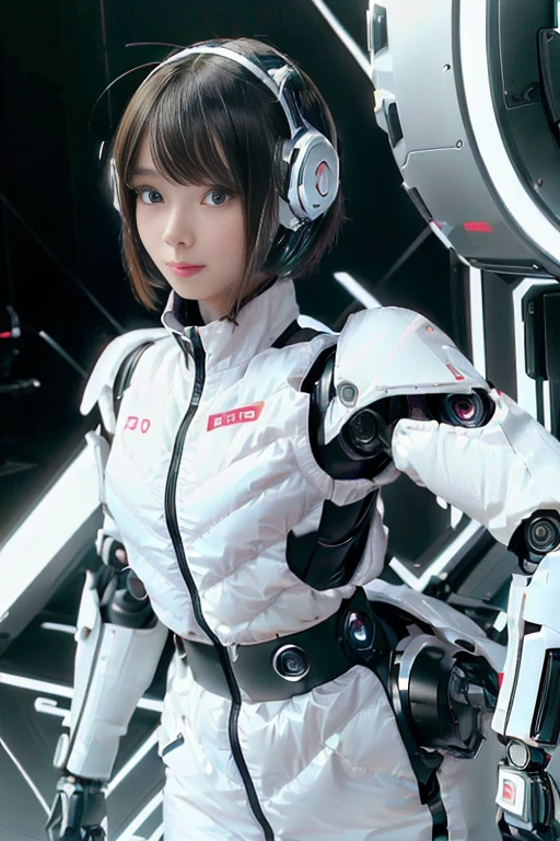 A girl in a futuristic bright white heavily armored robot suit takes a photo、perfect android girl, Female cyborg body, Perfect anime cyborg woman, Beautiful female android!, Female Robot, completely robot!! girl, Cute cyborg girl, Cyber Suit, Girl wearing mecha cybernetic armor, Cyber Suit, beutiful white girl cyborg, Beautiful female android, Beautiful girl cyborg、Cute cyborg girl with short bob hair、Beautiful android sculpture model、(Laughter)、((Rounded, white, sturdy armor))、(((Equipped with long sensor antennas on both ears)))、(((Robot Girl)))、(((Android girls)))、