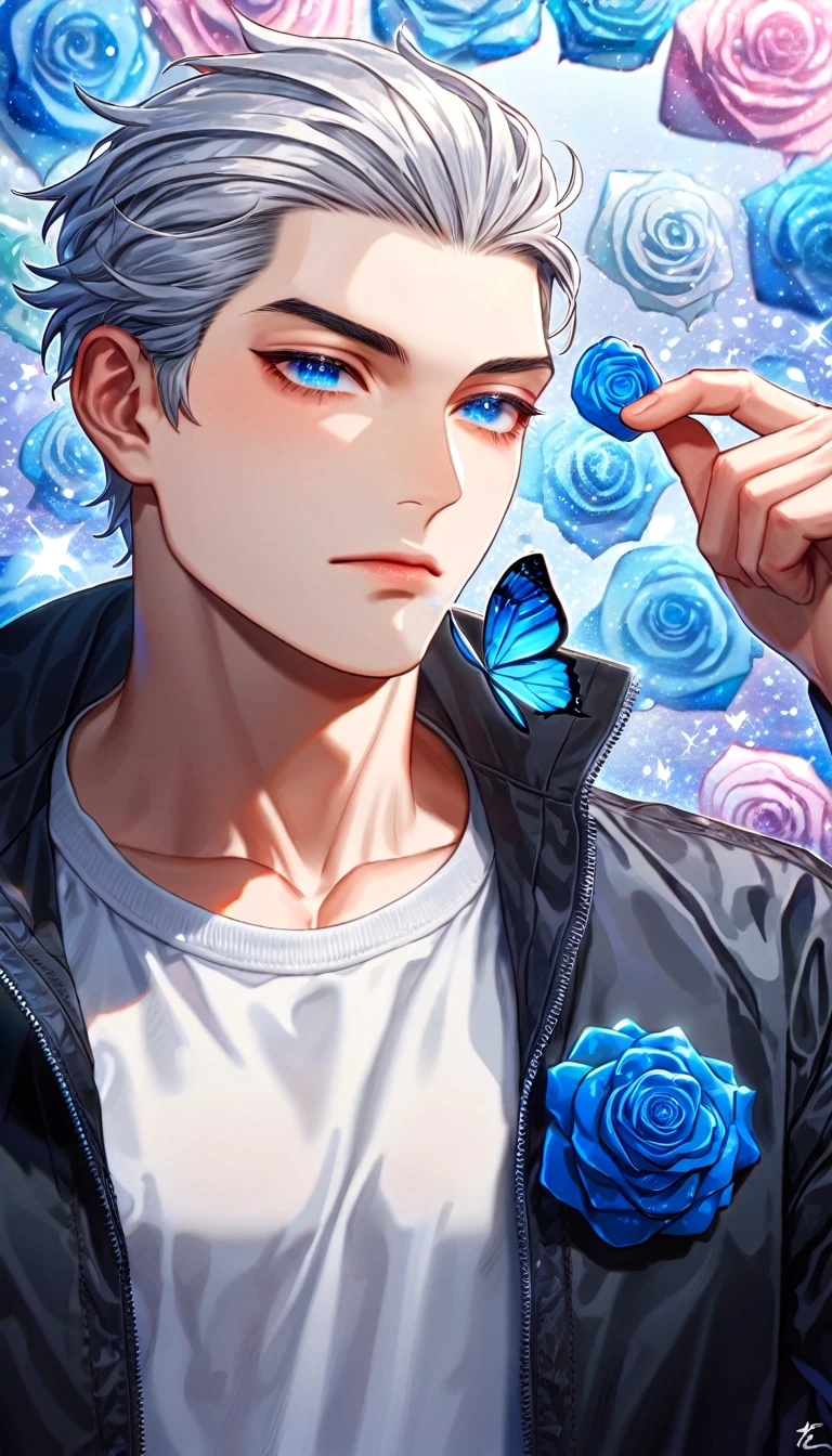 absurdres, highres, ultra detailed, HDR) master piece, best quality, Umemiya Hajime, white hair, slicked back, expressive blue eyes, windbreaker, solo, sexy man, black coat, white shirt, handsome, blue roses, blue butterflies, sparkling background