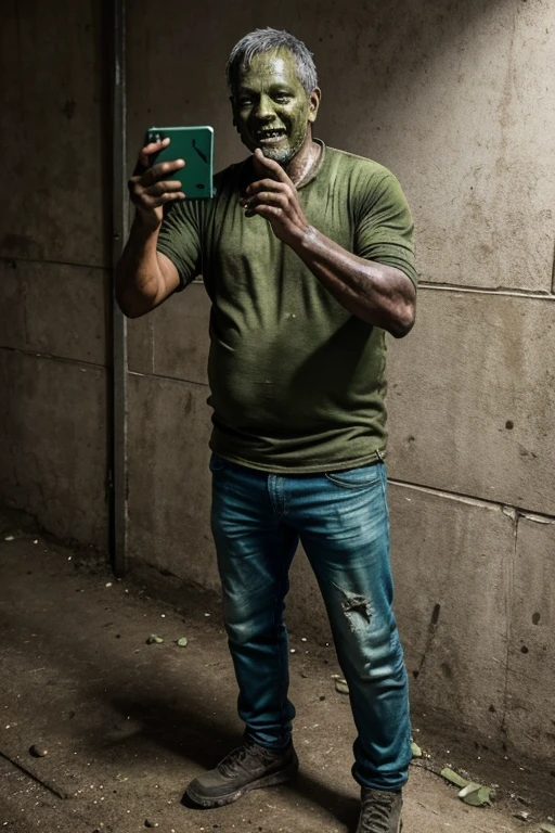 Zombie, male, middle-aged, decay, green skin tone, dirty full-body photo, very worn clothes, looking at smartphone screen, touching smartphone, dirty skin, dirty hands, selfie, full body visible, smiling, jumping for joy, in prison, chubby 