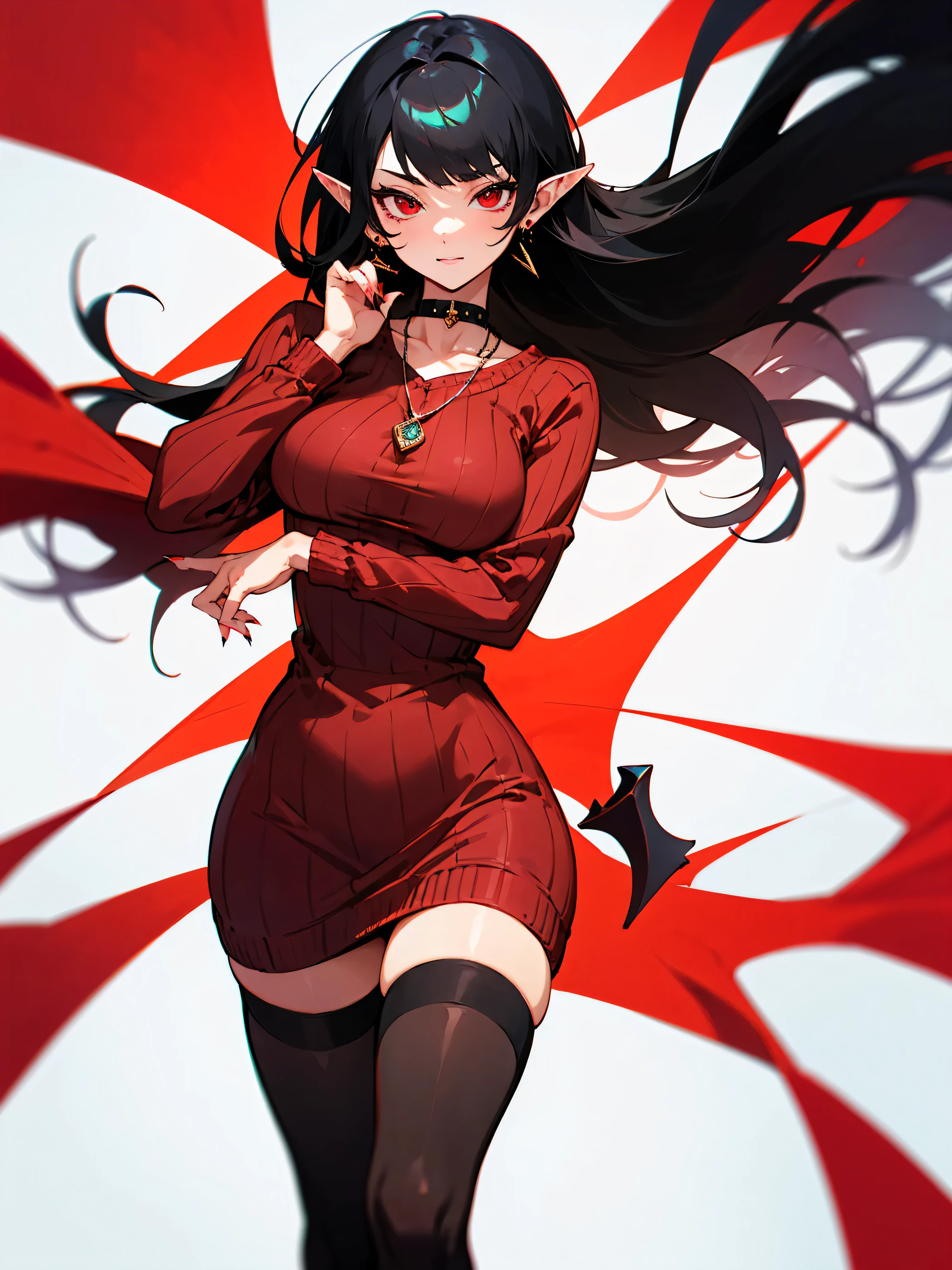 ((Long Straight Black hair)), Perfect face, Choker, earrings, ((Tall)), ((High Quality)), Necklace, ((Mature)), Pretty Eyes, Sharp Nails, Bangs, ((1 Girl)), Hot, ((Multiple Earrings)), Natural Tits, 1 girl, Beautiful, Sexy, Spiky Earrings, Adult, Spiked Collar, Long Bangs, Slender Body, Dynamic Pose, Thin Eyelashes, ((Sweater Dress with sides cut out)), Standing, Front View, Plain Background, Red Colors in Background, Thigh highs, Hair, Thick Thighs, Vampire Girl, Red Eyes, Close Up, Pointy Ears, Straight Bangs, 