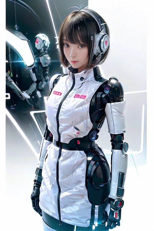 A girl in a futuristic bright white heavily armored robot suit takes a photo、perfect android girl, Female cyborg body, Perfect anime cyborg woman, Beautiful female android!, Female Robot, completely robot!! girl, Cute cyborg girl, Cyber Suit, Girl wearing mecha cybernetic armor, Cyber Suit, beutiful white girl cyborg, Beautiful female android, Beautiful girl cyborg、Cute cyborg girl with short bob hair、Beautiful android sculpture model、(Laughter)、((Rounded, white, sturdy armor))、(((Equipped with long sensor antennas on both ears)))、(((Robot Girl)))、(((Android girls)))、
