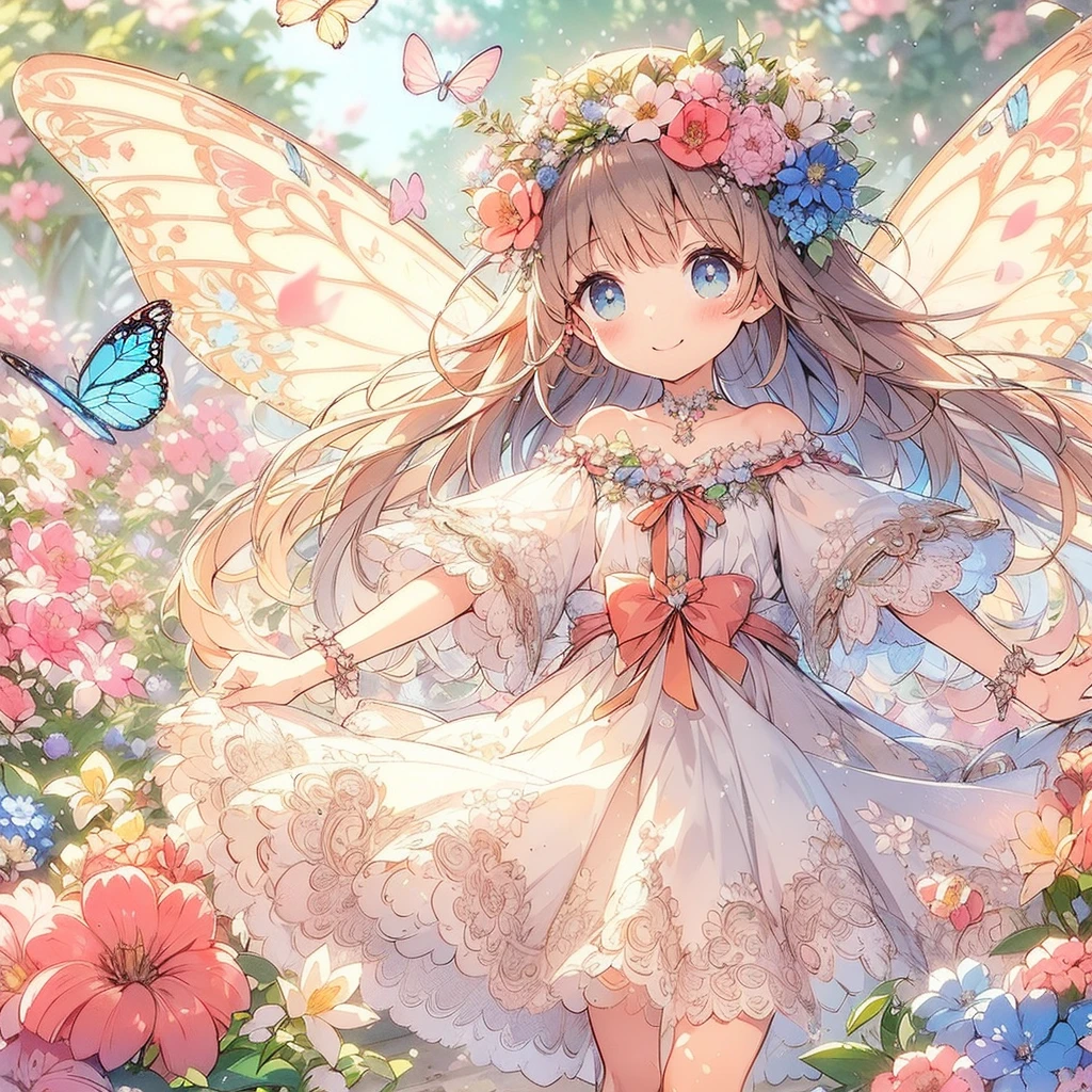 (Exquisite, beautiful, Very detailed, masterpiece, high quality,High resolution),(Well-formed face,Soft and thin lines: 1.2, A mature, beautiful and delicate illustration with a sense of transparency., Pixiv-inspired anime illustration,Cute pastel-colored girl illustrations that go viral among Japanese people on Twitter),A fairy princess with butterfly-like wings is walking with a smile in a gorgeous garden filled with flowers.,whole body,Princess's Castle,flower,flower petals,(Transparent fairy wings grow from your back), (Dazzling Smile), (tiara, Earrings, choker), Ball Gown Dress,Ribbons, lace and frills, (Pale pink blush, Plump pink lips,Large Bust,Fair skin, Good style),Bright colors,Eye-catching colors,Dynamic Angles