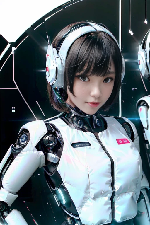A girl in a futuristic bright white heavily armored robot suit takes a photo、perfect android girl, Female cyborg body, Perfect anime cyborg woman, Beautiful female android!, Female Robot, completely robot!! girl, Cute cyborg girl, Cyber Suit, Girl wearing mecha cybernetic armor, Cyber Suit, beutiful white girl cyborg, Beautiful female android, Beautiful girl cyborg、Cute cyborg girl with short bob hair、Beautiful android sculpture model、(Laughter)、((Rounded, white, sturdy armor))、(((Equipped with long sensor antennas on both ears)))、(((Robot Girl)))、(((Android girls)))、