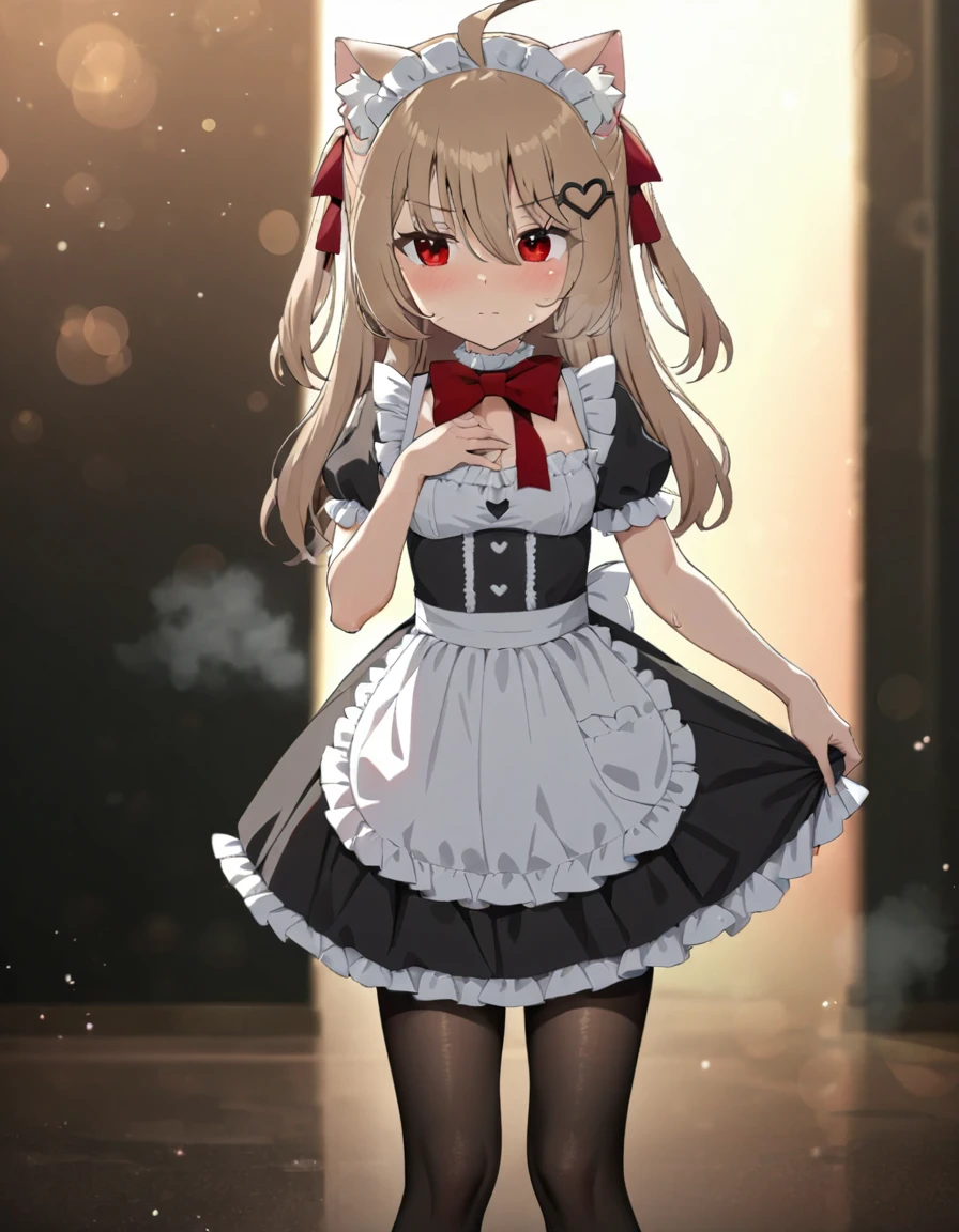 1girl, evil neuro-sama red eyes, light brown hair, ahoge, two side up, hair ribbon, dark red ribbon, heart hair ornament, maid, maid apron, maid headdress, frilled dress, frilled choker, frilled apron, short sleeves, puffy short sleeves, puffy sleeves, red bow, black heart, pantyhose, no shoes, (masterpiece, best quality), highly detailed, finely detailed, blurry background, depth of field, backlight, light particles, bokeh, sweat, steamy body, cat ears, standing, cleavage, hand on own chest,