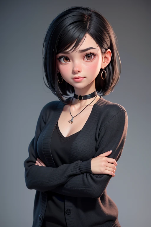 Best quality, ..3d rendering work, ..3DMM style, Close-up, Portrait, ....。.3D, 1girll, only, Black hair, Teardrop-shaped earrings, looking at the camera in, Front, Realistic, Upper body , posing on a, Simple background, looks away, straight short black hair, parted lip, choker necklace, Makeup , squishy, Black cardigan, Brown eyes , Tifa Lockhart, (Small breasts: 1.1) Reference: https://image9.cdn.Sea Art.。.ai/2023-08-04/52449297297477/C9E0706CFFA353936C45F41FEF45E6C4F2A12E7C..png