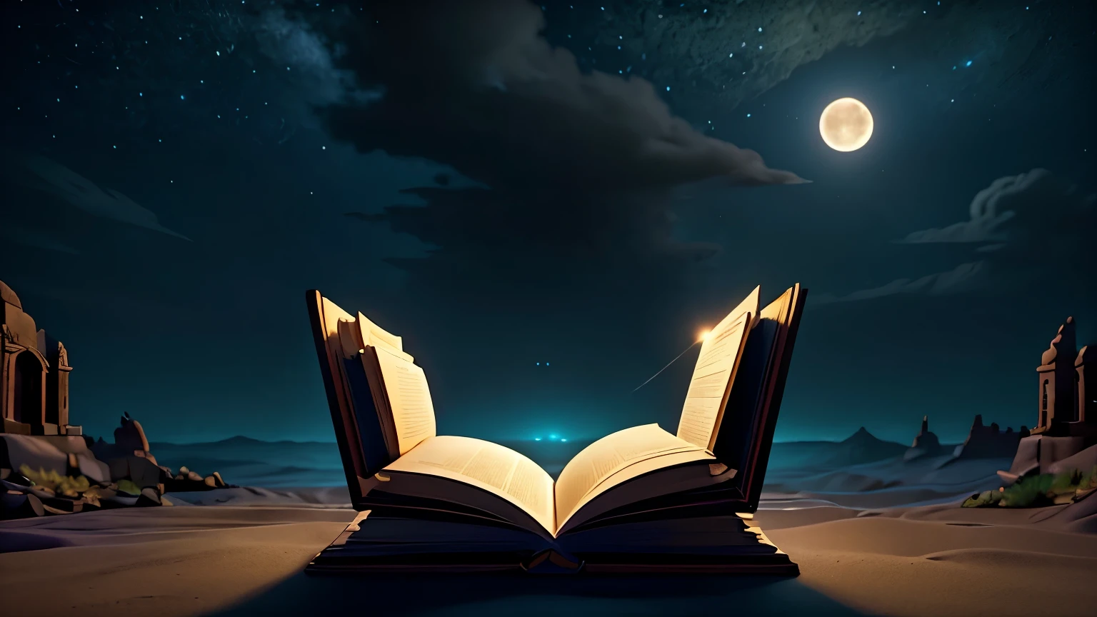 detailed open book, moon on horizon, cinematic lighting, soft glow, retro cinematic rendering, dramatic atmosphere, detailed texture, photorealistic, 8k, high quality, masterpiece, digital art, fantasy landscape, dramatic clouds, dramatic sky, dramatic lighting, dramatic colors, dramatic mood, dramatic composition, intricate details, volumetric lighting, dramatic chiaroscuro, dramatic highlights, dramatic shadows, dramatic contrast, dramatic depth of field, dramatic bokeh, dramatic color palette, dramatic mood lighting, dramatic environmental lighting, livros voando