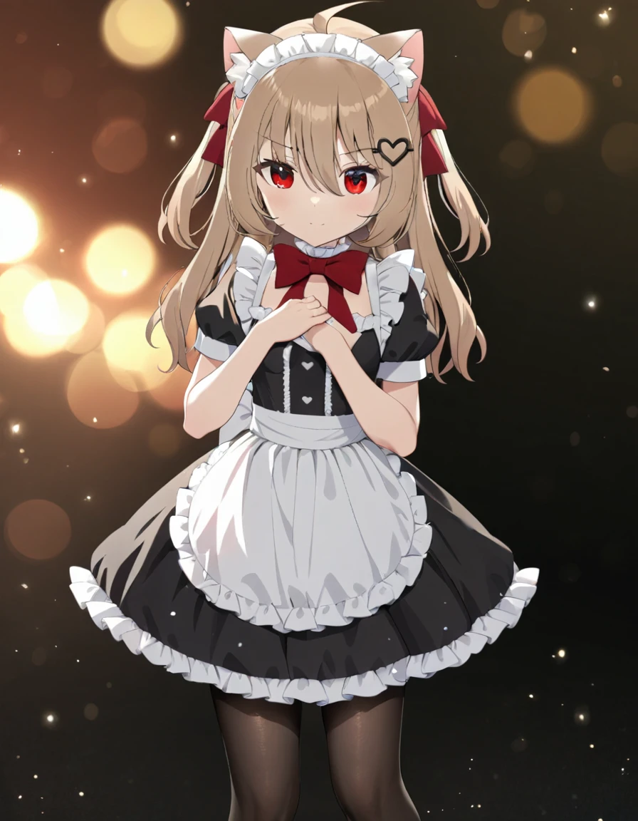 1girl, evil neuro-sama red eyes, light brown hair, ahoge, two side up, hair ribbon, dark red ribbon, heart hair ornament, maid, maid apron, maid headdress, frilled dress, frilled choker, frilled apron, short sleeves, puffy short sleeves, puffy sleeves, red bow, black heart, pantyhose, no shoes, (masterpiece, best quality), highly detailed, finely detailed, blurry background, white background, depth of field, backlight, light particles, bokeh, cat ears, standing, cleavage, hand on own chest,