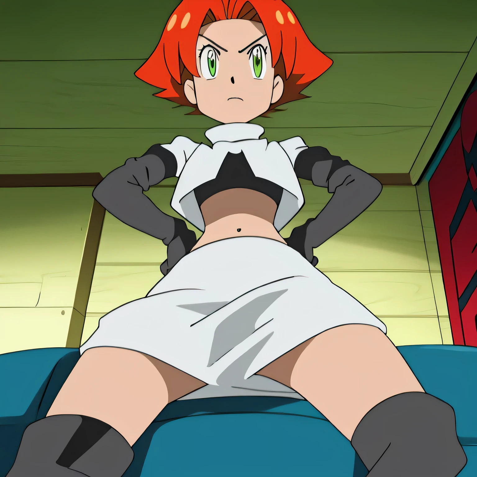 masterpiece,best quality,high res,high quality,8k, masterpiece,highres, team rocket uniform, red letter r, white skirt,white crop top,black thigh-high boots, black elbow gloves, glaring angrily, looking down at viewer, hands on hips, cowboy shot, zettai ryouiki,spread legs,from below, black panties,anime art style, vivid colors, sharp focus, intense lighting,sxfrances,short hair,orange hair,green eyes