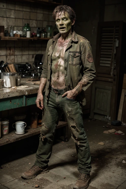 Zombie, male, middle-aged, decay, green skin tone, dirty full-body photo, very worn clothes, coffee, mille crepes