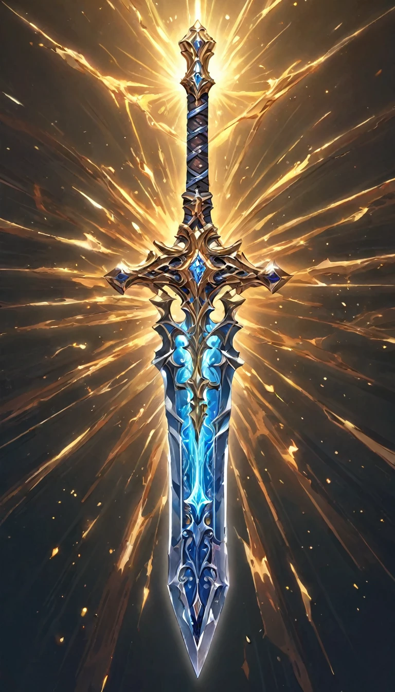 masterpiece, best quality, epic fantasy art style, simple iron sword for card game, full art, full sword art, intricate details, ultra high resolution, sharp focus, HD, 8k, clear details, zoom out to get the full sword in the image, simple background, show full sword, sword centered on image to allow ample background to show