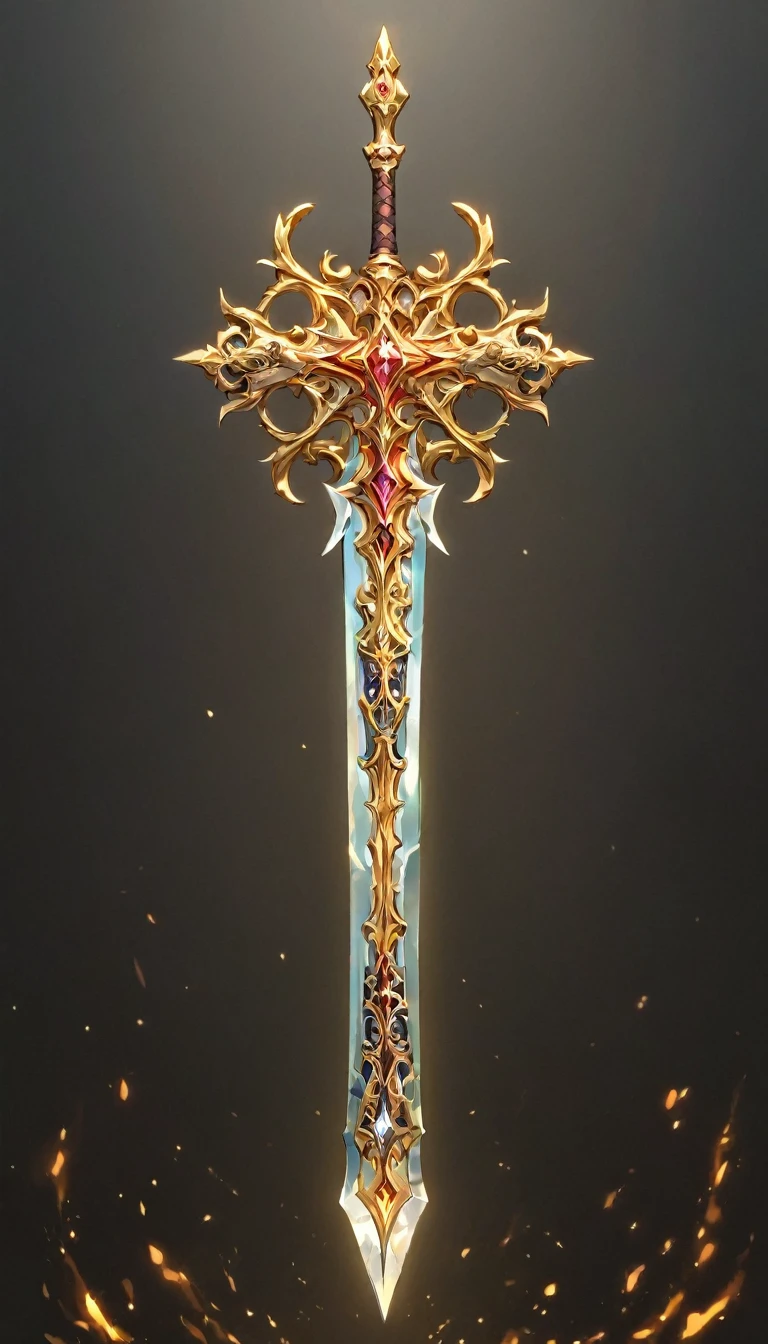 masterpiece, best quality, epic fantasy art style, simple iron sword for card game, full art, full sword art, intricate details, ultra high resolution, sharp focus, HD, 8k, clear details, zoom out to get the full sword in the image, simple background, show full sword, sword centered on image to allow ample background to show
