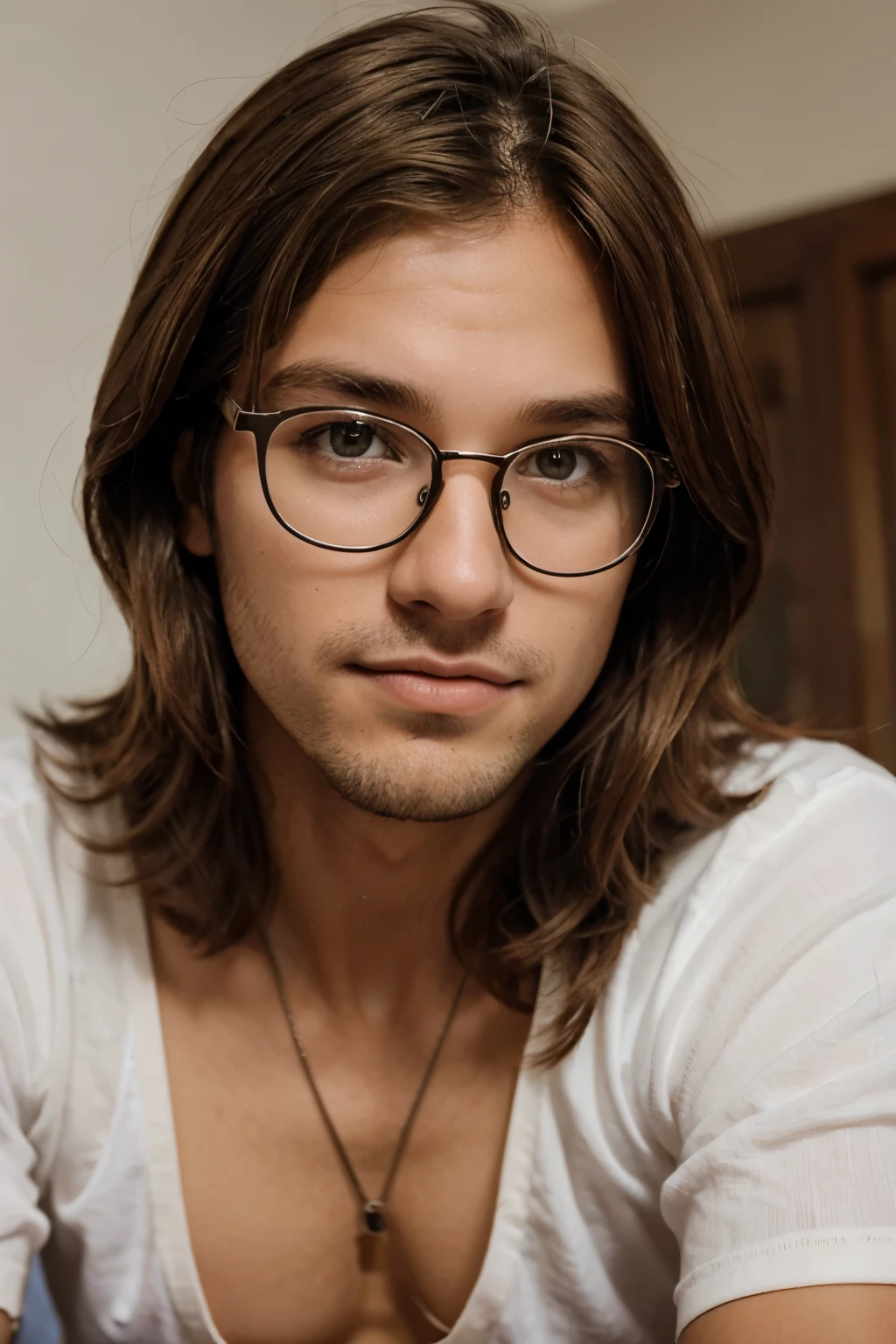 Crie uma foto de um homem branco com olhos castanhos ,light brown hair wearing braces and glasses