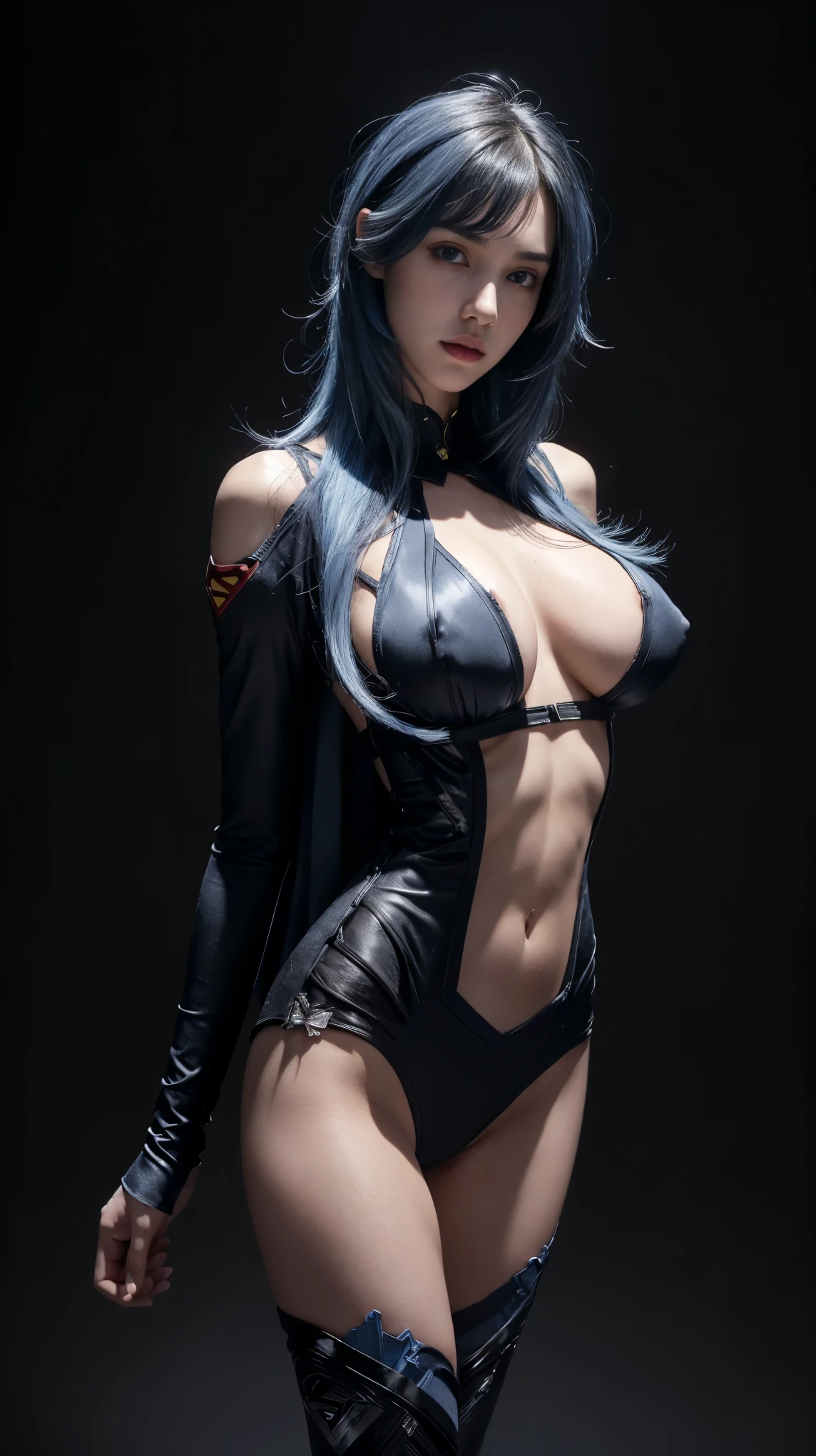 8K, Top Quality, Intricate Details, Ultra Detail, Ultra High Resolution, Masterpiece, close up shot, (full body: 1.1), (()), Slender, Smile, (Makeup: 0.4), ), (Fluffy Eyes: 1.21), (((()))), 1girl, solo, 1 girl, ((blue hair, long hair, bangs,, , blue eyes,)), close up shot, , ((tall)), (((fit body))), (((slim face))), sharp face, (( superman suit )) , (detailed face), sharp face, small lips, (( )),
((, )), , ((,)), detailed face, detailed breast, detailed hands , detailed fingers, ((large breast, huge breast)), detail ass, Narrow Waist, Skinny, slim tall , 195 cm tall, Muscular, Navel, Exposed Abdomen, Pointed Chest,, Beautiful girl with accentuated slender abs: 1.4, Six Pack Abs: 1.4, Bust Botox, Big, Perfect Body, detail leg, (( dark background)), black background,